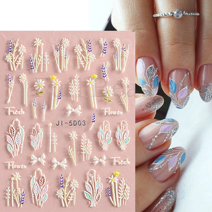 5D Nail Stickers Flowers Geometric Lines Decor Acrylic Embossed Sliders Gold Frame Nail Decals Cherry Blossom Manicure GLJI-5D05