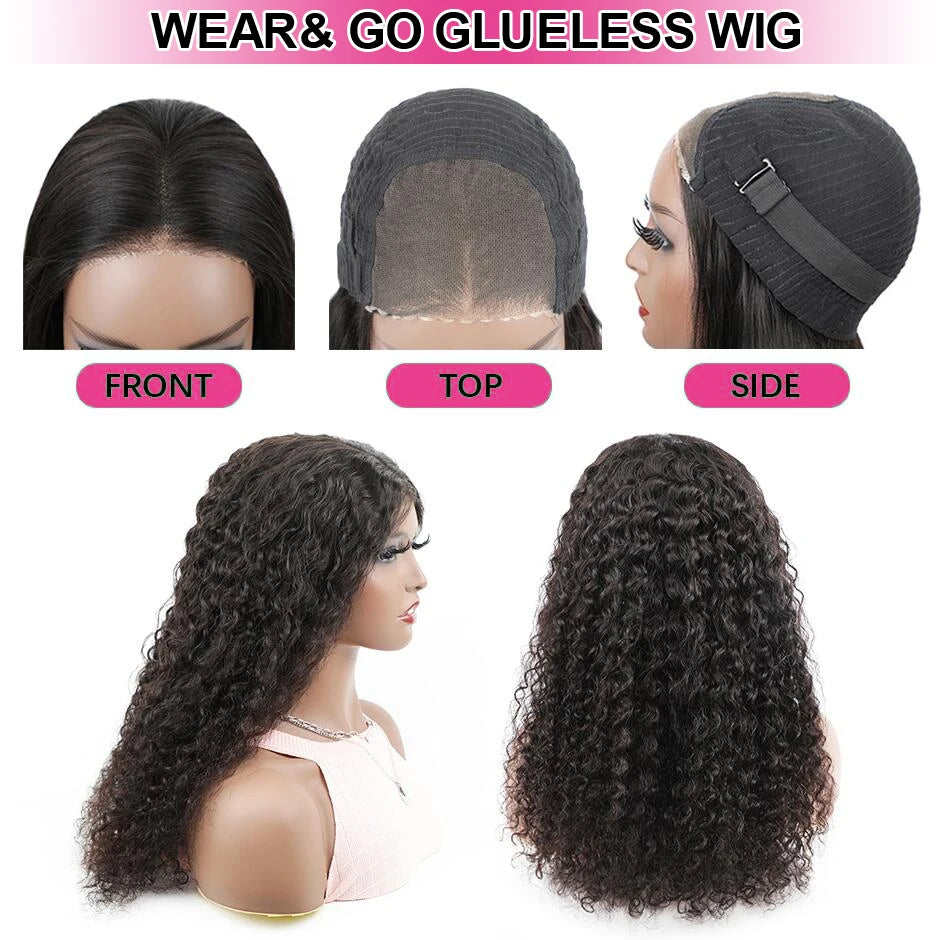 Water Wave Glueless Wig Pre-Cut HD Lace Wig 180% Pre-Plucked Natural Wave Glueless Curly Human Hair Wigs For Women