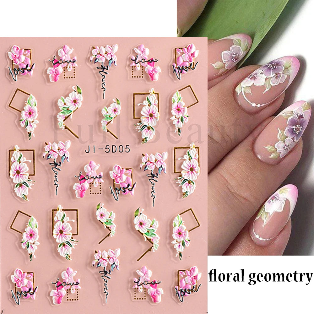 5D Nail Stickers Flowers Geometric Lines Decor Acrylic Embossed Sliders Gold Frame Nail Decals Cherry Blossom Manicure GLJI-5D05